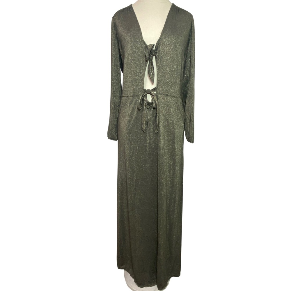 JYORK THE LABEL Metallic Gold Olive Tie Front Maxi Dress Pockets M/L USA